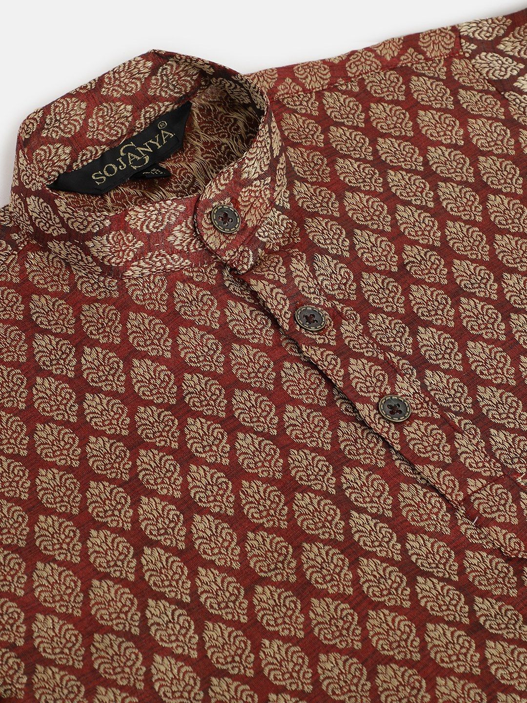 SOJANYA Boys Maroon & Golden Woven Design Mandarin Collar Jacquard Straight Kurta