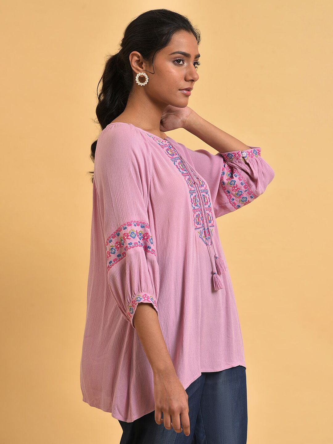 W Pure Cotton Print Tie-Up Neck Top