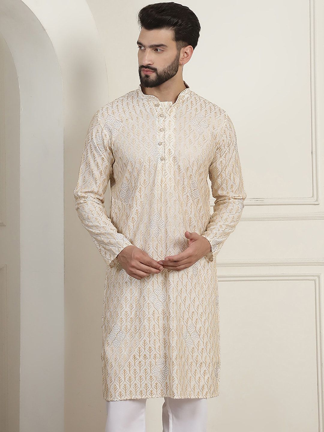 SOJANYA Woven Design Mandarin Collar Pure Cotton Straight Kurta