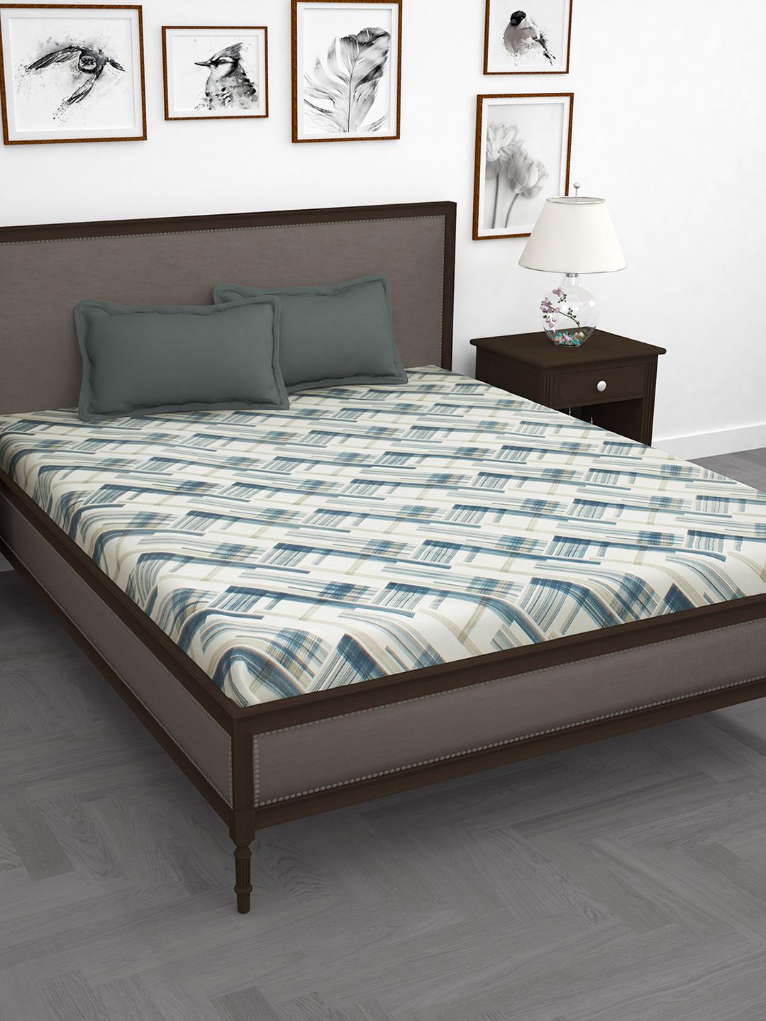 Story@home Off White Blue 210 TC King Bedsheet with 2 Pillow Covers