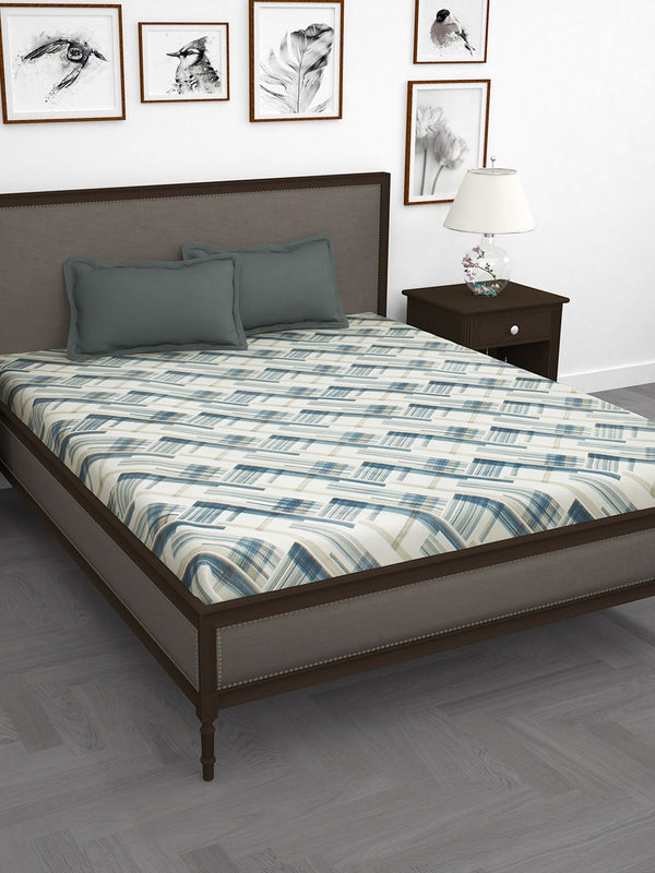 Story@home Off White Blue 210 TC King Bedsheet with 2 Pillow Covers