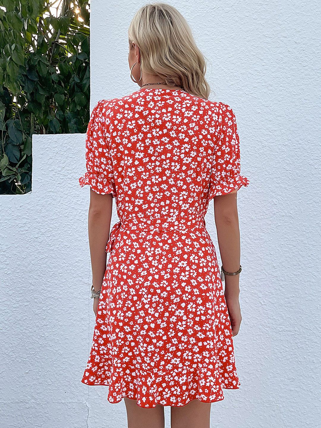 DressBerry Floral Printed Knot Detail Puff Sleeves Wrap Dress