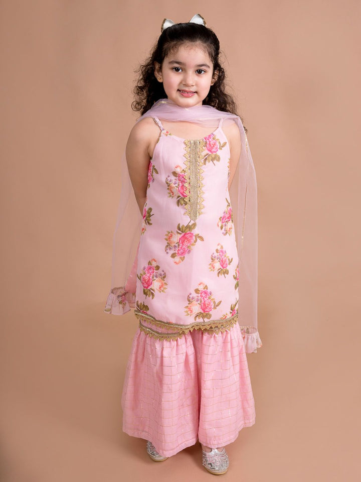 pspeaches Girls Pink Floral Printed Kurti with Sharara & With Dupatta