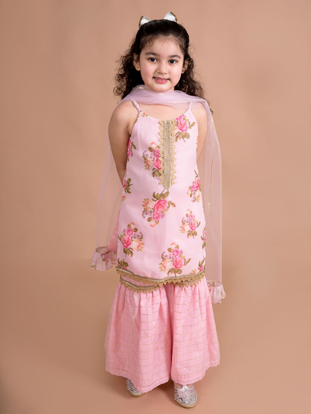 pspeaches Girls Pink Floral Printed Kurti with Sharara & With Dupatta