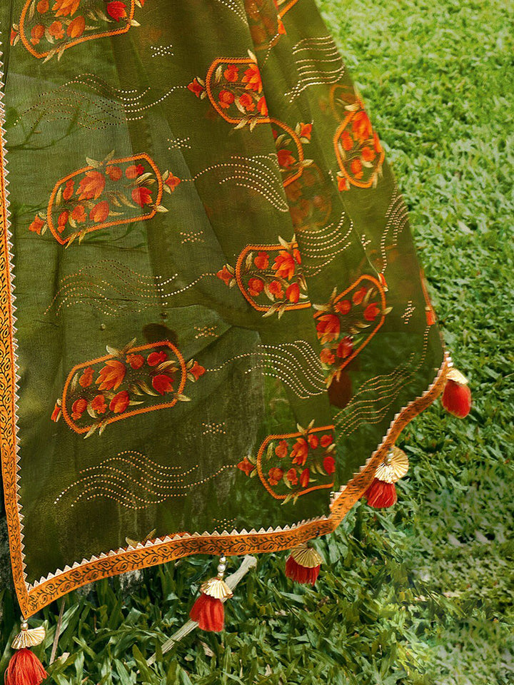 Saree mall Olive Green & Orange Floral Poly Chiffon Sarees
