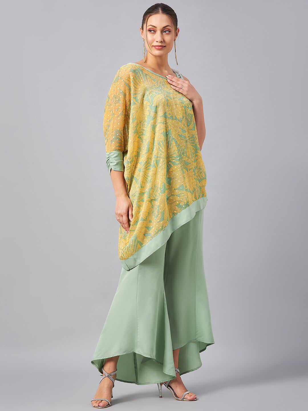 Antheaa Self Design One Shoulder Tunic With Flared Palazzos