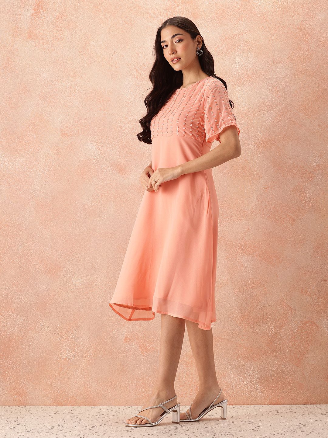 all about you Sequined Flared Sleeves Fit & Flare Dress