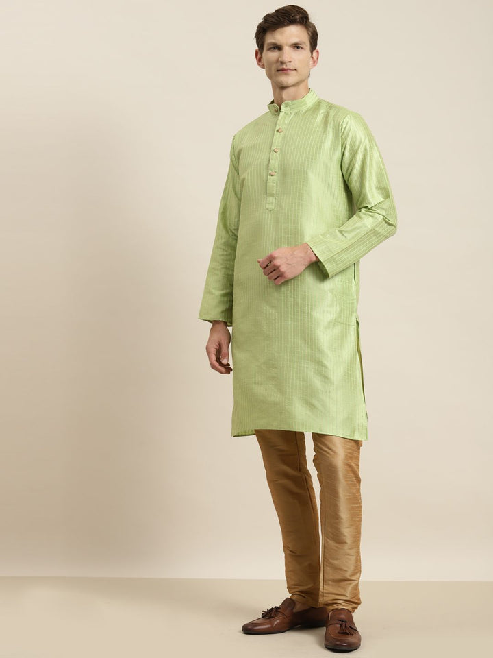 SOJANYA Men Green Striped Kurta with Churidar & Nehru Jacket