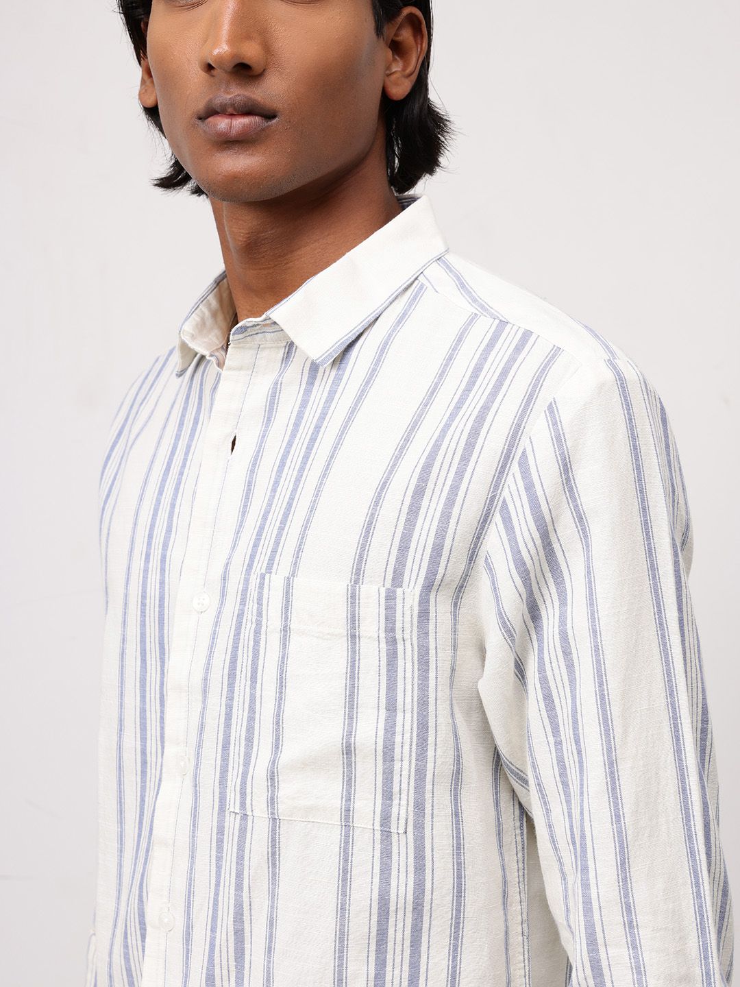 ether Men Classic FitCotton Linen Striped Casual Shirt
