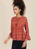 DressBerry Printed Tie-Up Neck Bell Sleeve Peplum Top