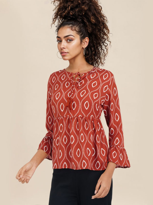 DressBerry Printed Tie-Up Neck Bell Sleeve Peplum Top