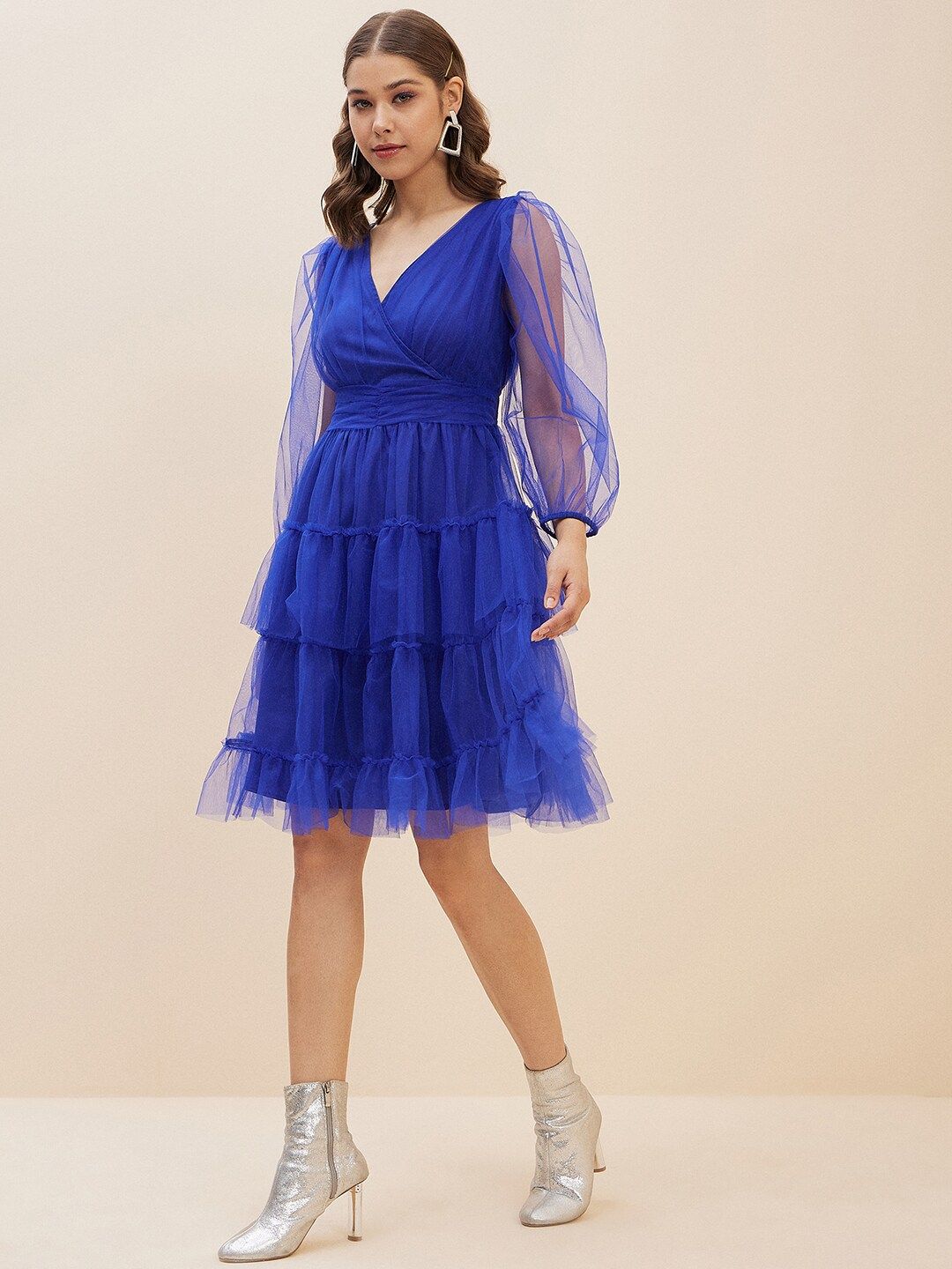 Antheaa Blue Puff Sleeve Net Fit & Flare Dress