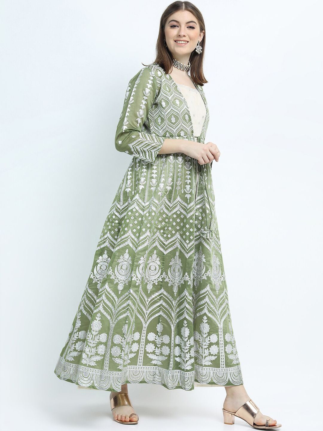Vishudh Green Ethnic Motifs Ethnic Maxi Dress with Jacket