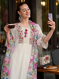 Indo Era Floral Embroidered Thread Work A-Line Kurta With Trousers & Dupatta