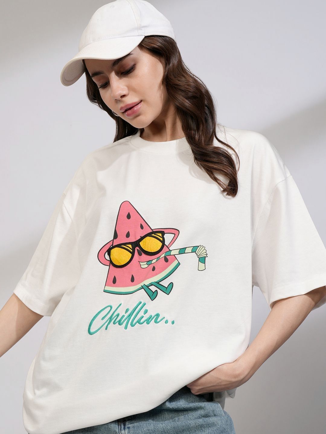 Street By Tokyo Talkies Women Solid Oversized Fit Chest and Back Print T-shirt