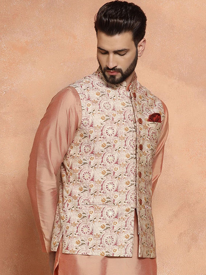 KISAH Printed Nehru Jackets With Pocket Square