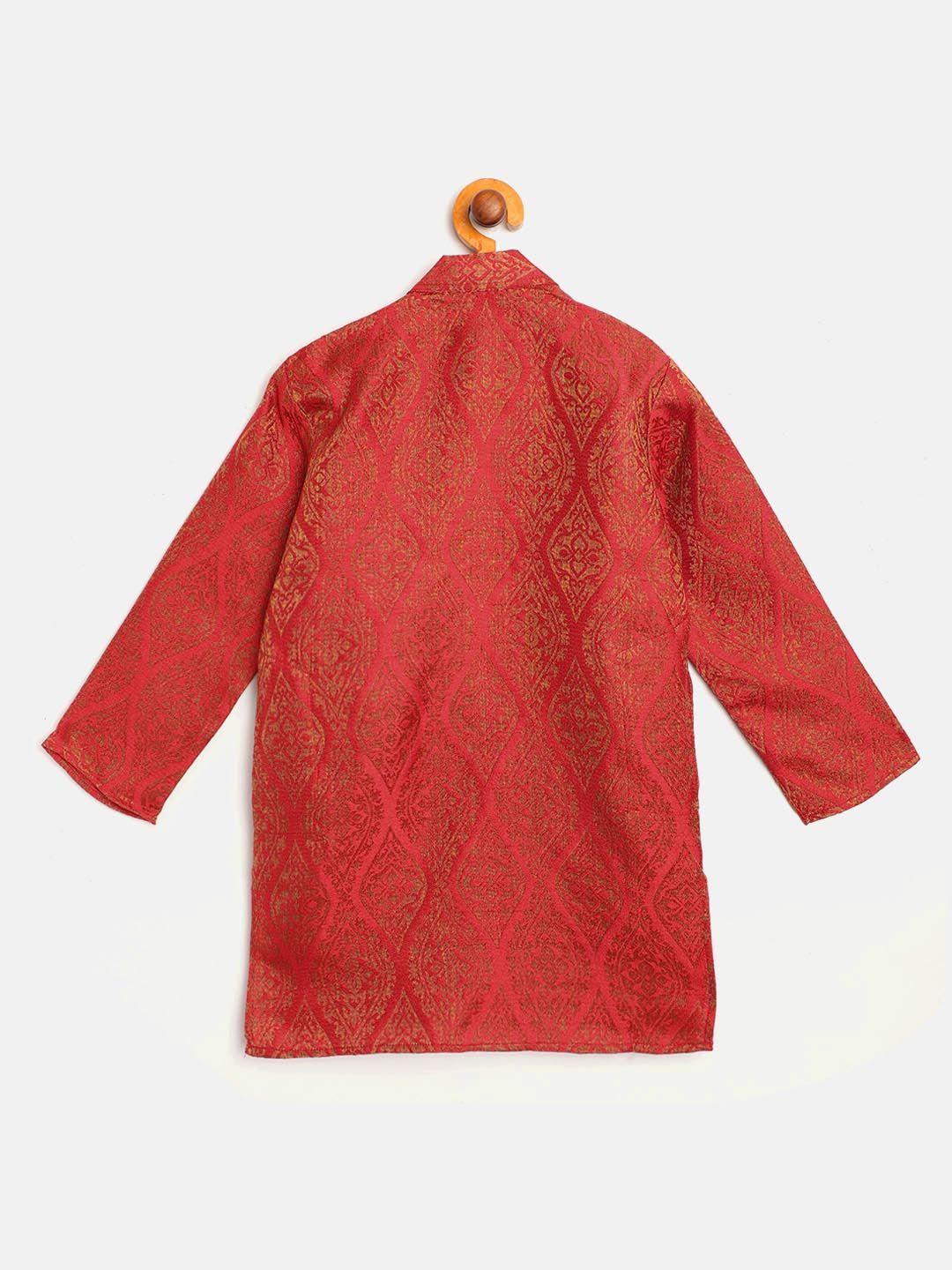 SOJANYA Boys Red & Brown Ethnic Motifs Woven Design Jacquard Weave Band Collar Kurta