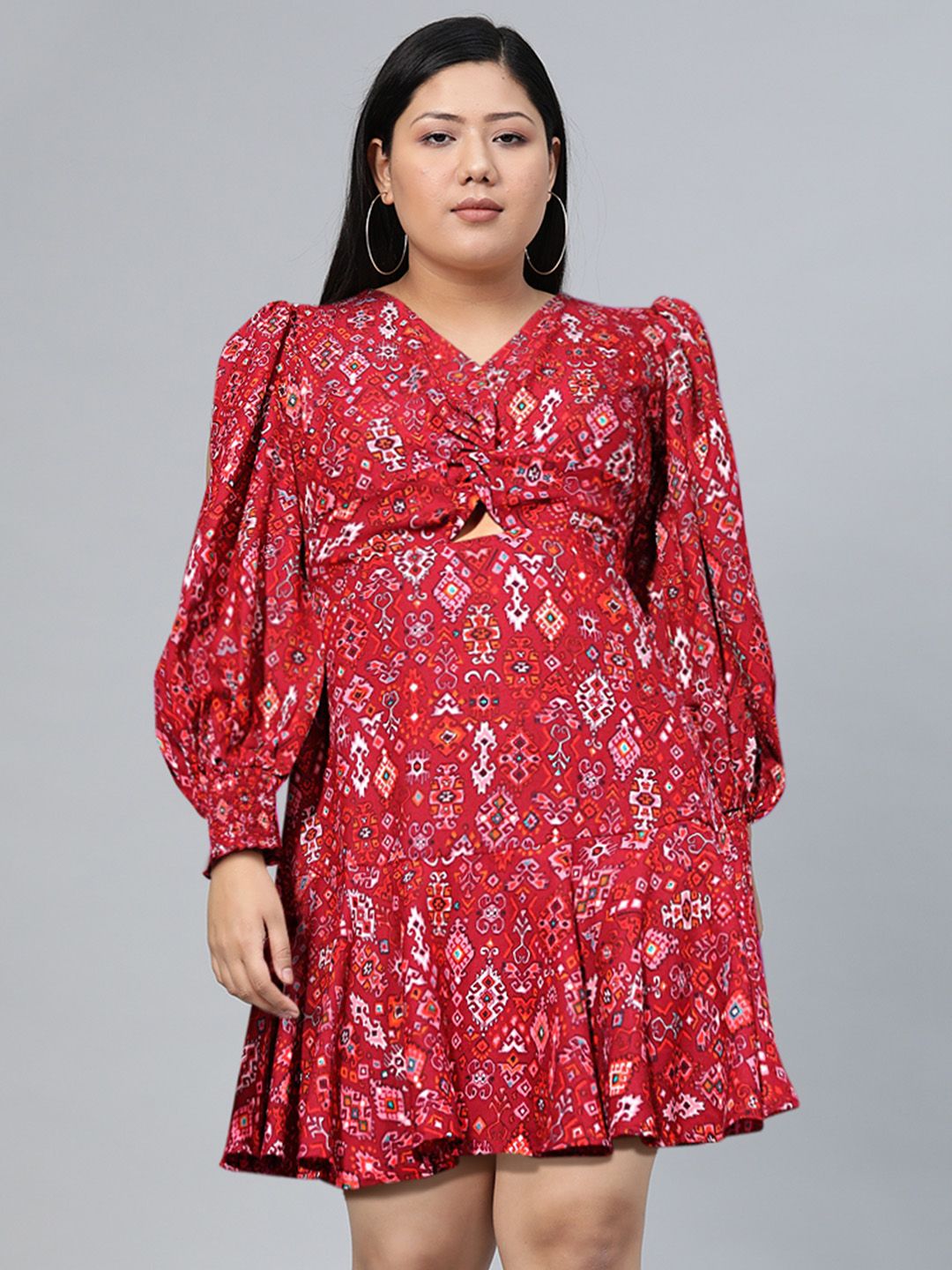 Tokyo Talkies V-Neck Ethnic Motifs Printed Cut Out Mini Fit & Flare Dress