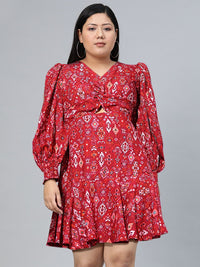 Tokyo Talkies V-Neck Ethnic Motifs Printed Cut Out Mini Fit & Flare Dress