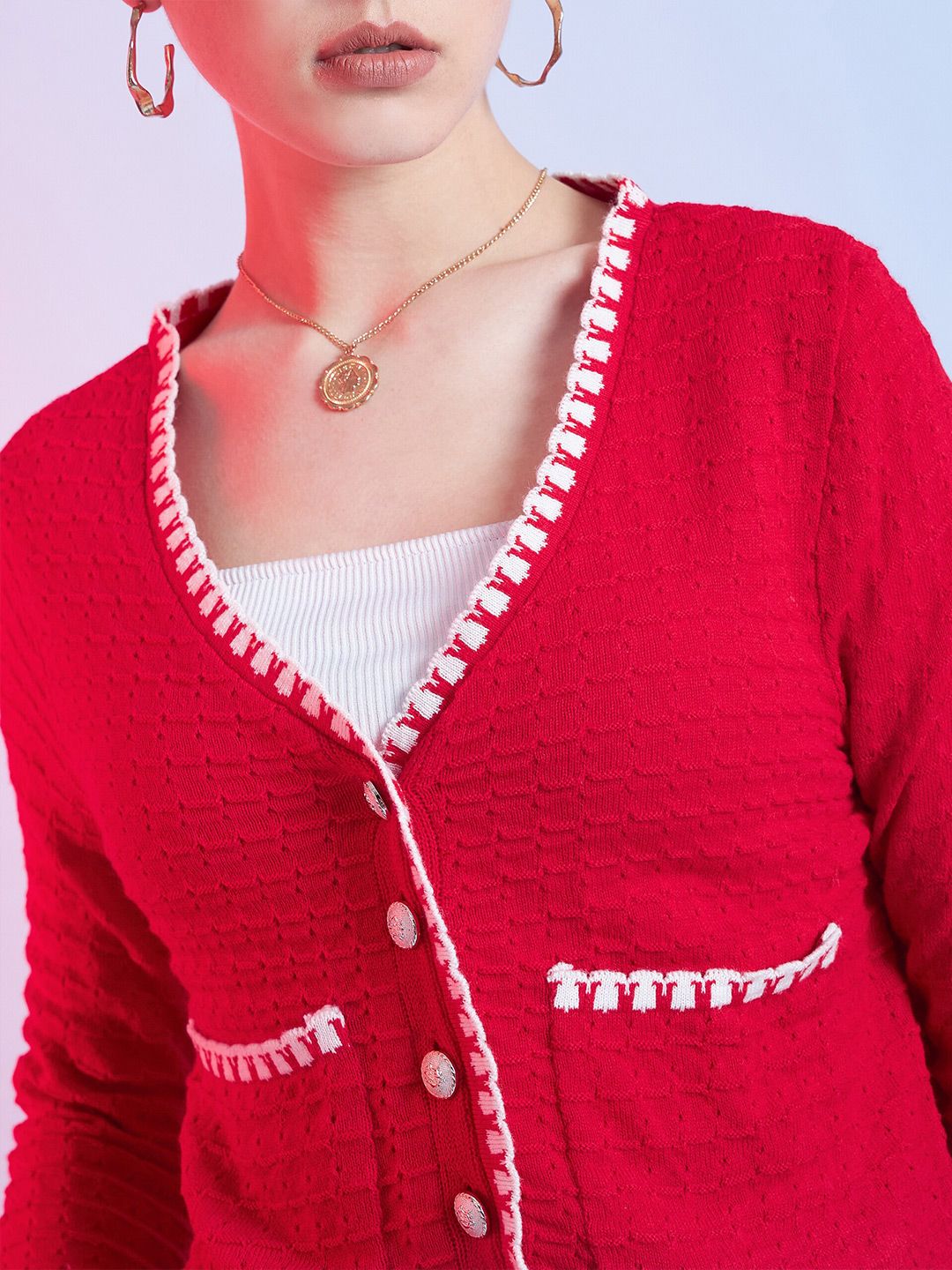 STREET 9 Black & White Self Design V-Neck Acrylic Cardigan Sweater