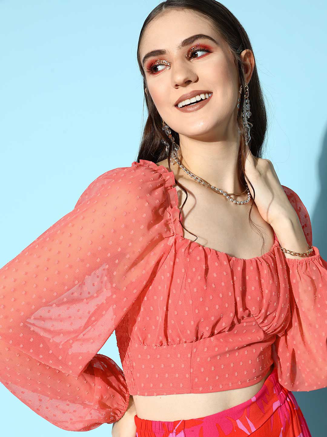 Berrylush Pink Georgette Sweetheart Neck Smocked Blouson Crop Top