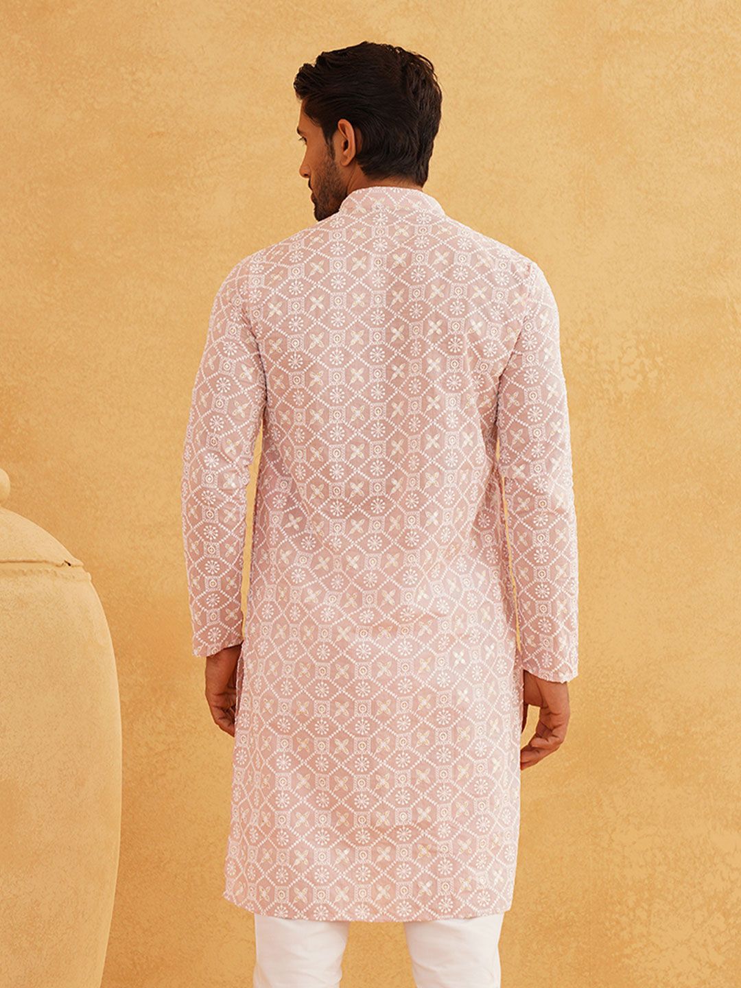 SOJANYA Men Pink Geometric Thread Work Kurta