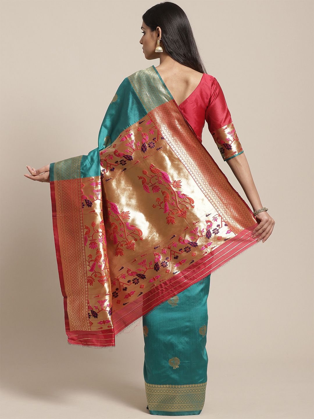 Saree mall Green & Red Warli Zari Silk Blend Heavy Work Banarasi Sarees