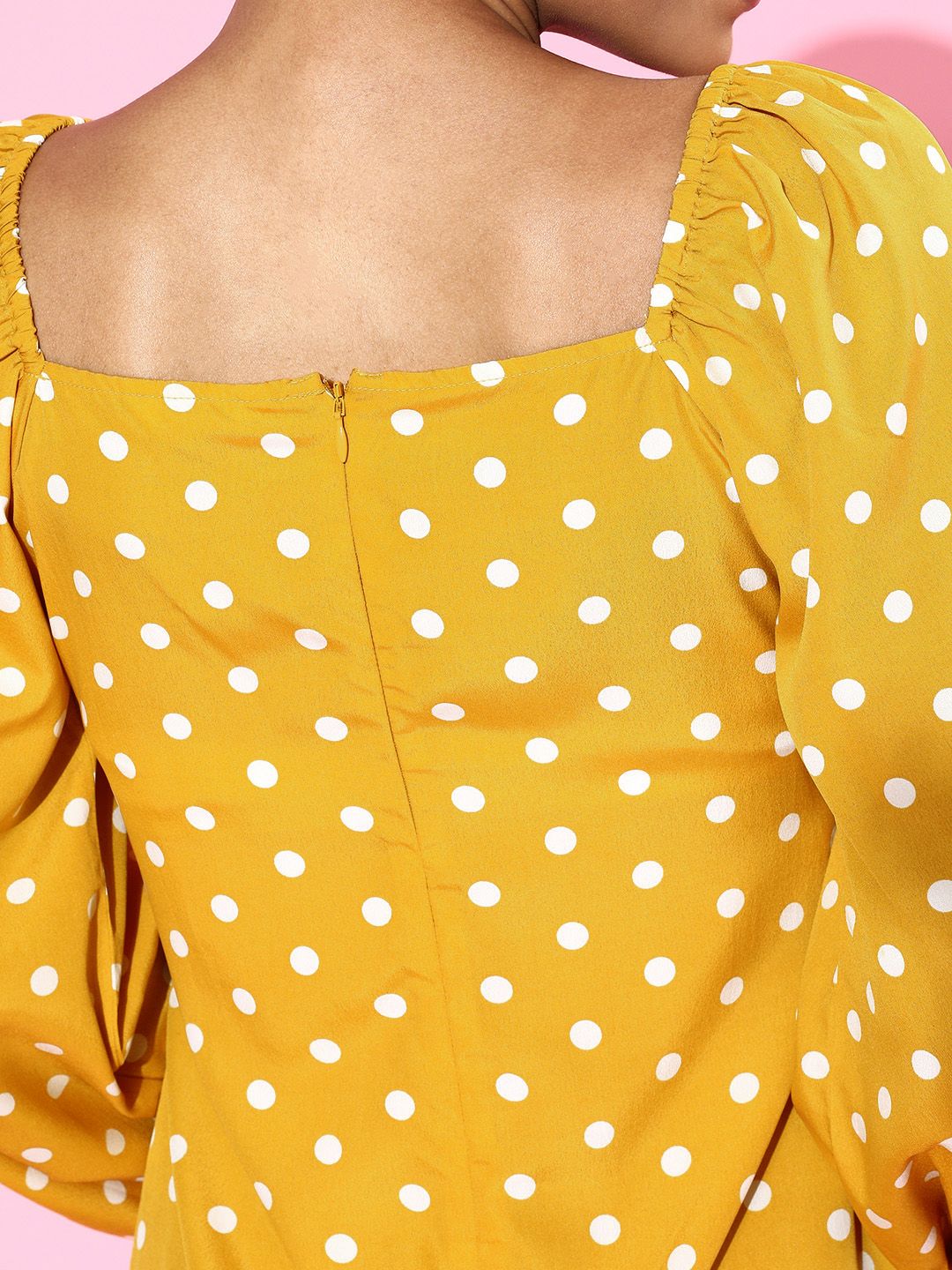 Berrylush Women Bright Yellow Polka Dots Sweetheart Neck Dress