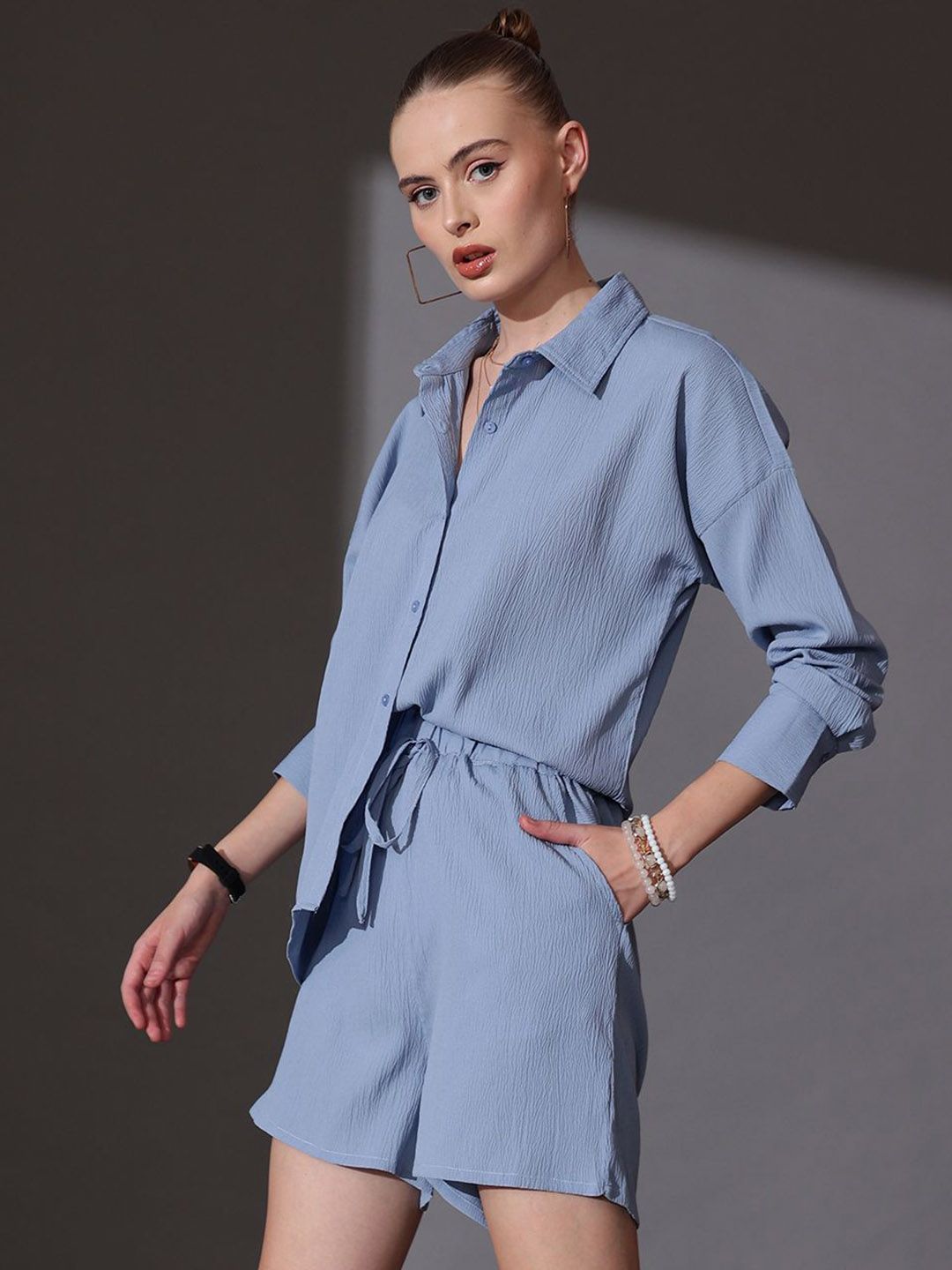 STREET 9 Self Design Shirt Collar Neck Shirt With Shorts Co-Ords