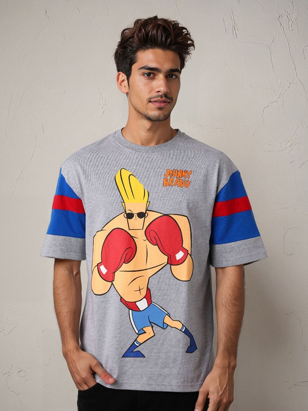 The Indian Garage Co Men Johnny Bravo Graphic Printed Round Neck Cotton Oversized T-shirt