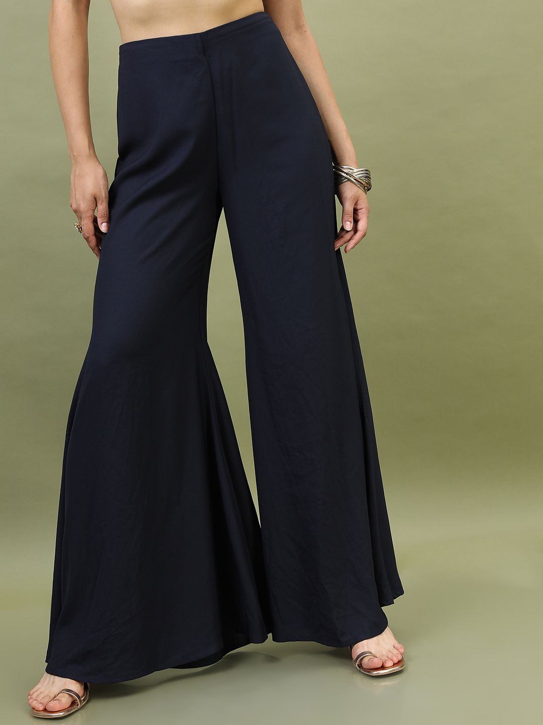 Vishudh Women Navy Blue Ethnic Motifs Embroidered Empire Kurti with Palazzos & With Dupatta