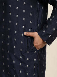 SOJANYA PLUS Men Navy Blue & Silver Jacquard Silk Woven Design Straight Kurta