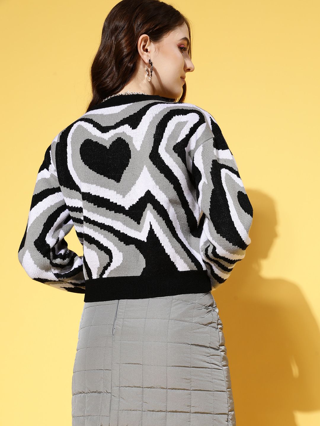 Berrylush Women Grey Abstract Knits Bits Sweater