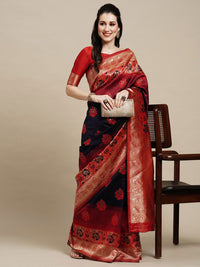 Saree mall Navy Blue & Gold-Toned Floral Woven Design Zari Kanjeevaram Sarees