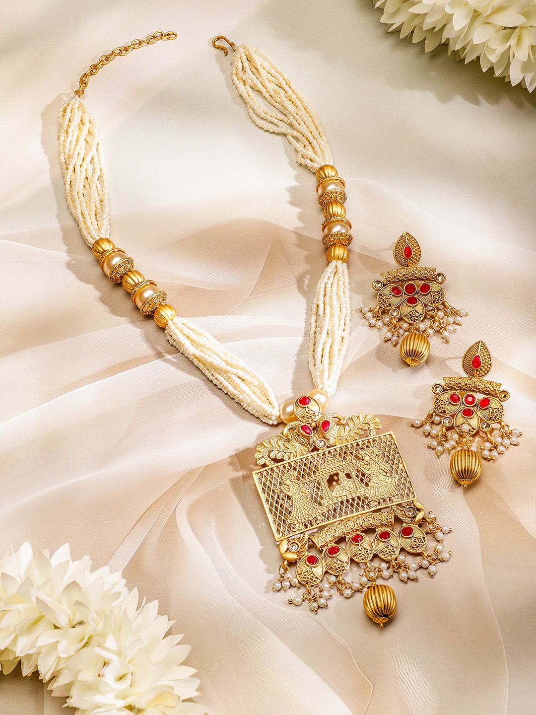 Rubans 22K Gold-Plated Ruby & White Pearl Beaded Multistrand Temple Motif Jewellery Set