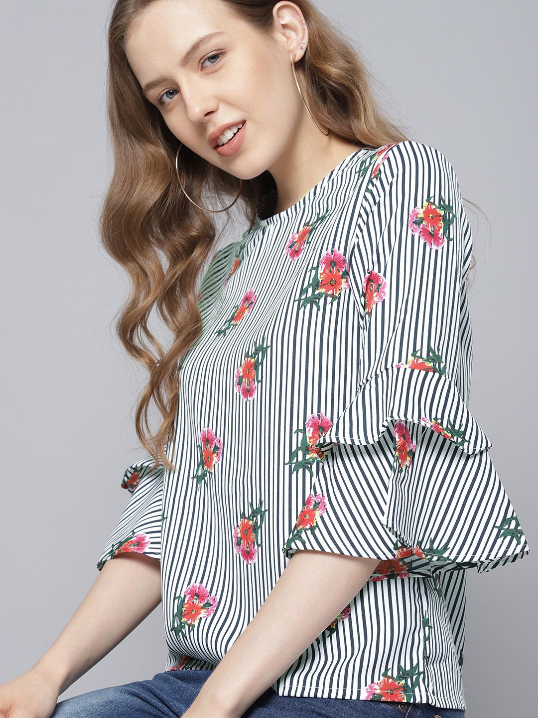 Tokyo Talkies White & Black Floral Printed Striped Top