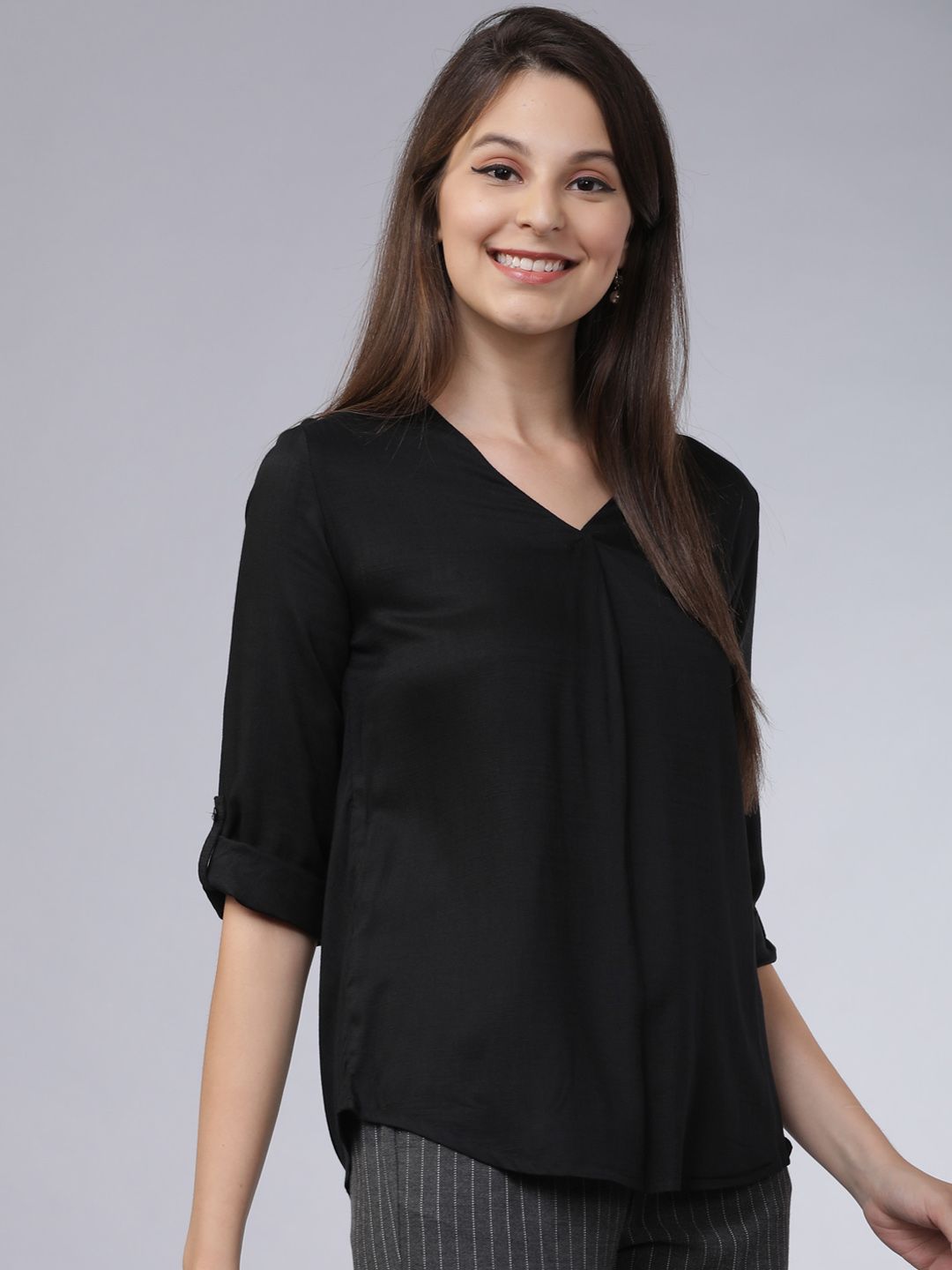 Basics By Tokyo Talkies Black V-Neck Top With Roll-Up Sleeves