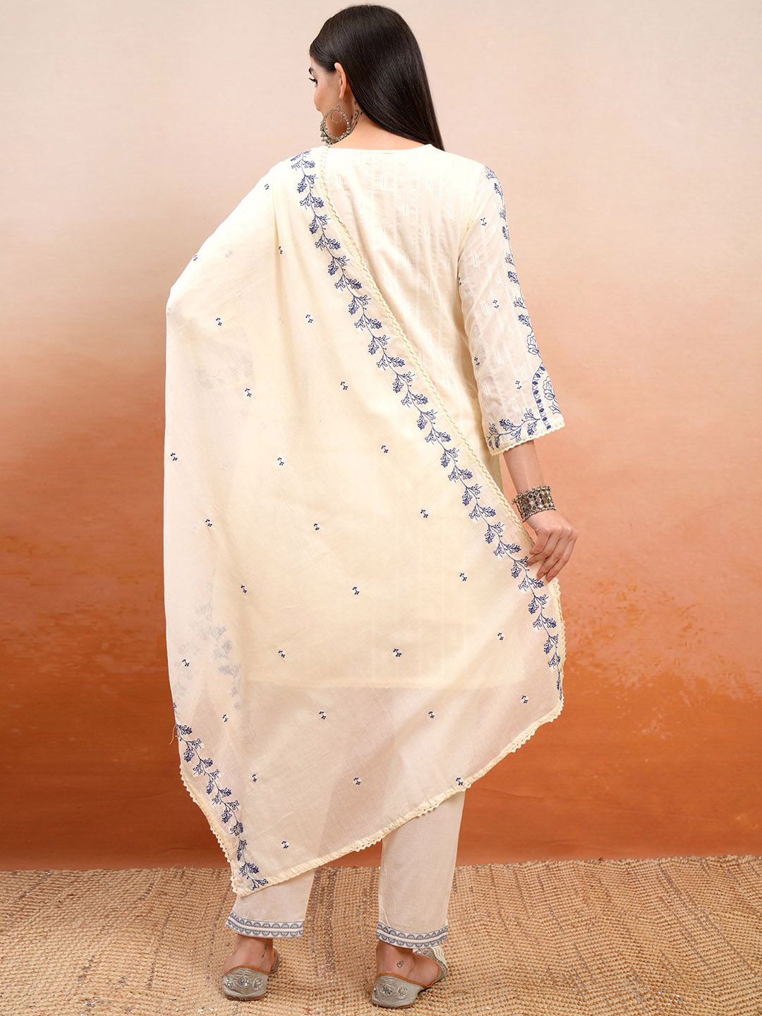 Vishudh Cream Coloured Embroidered Pure Cotton Straight Kurta With Trousers & Dupatta