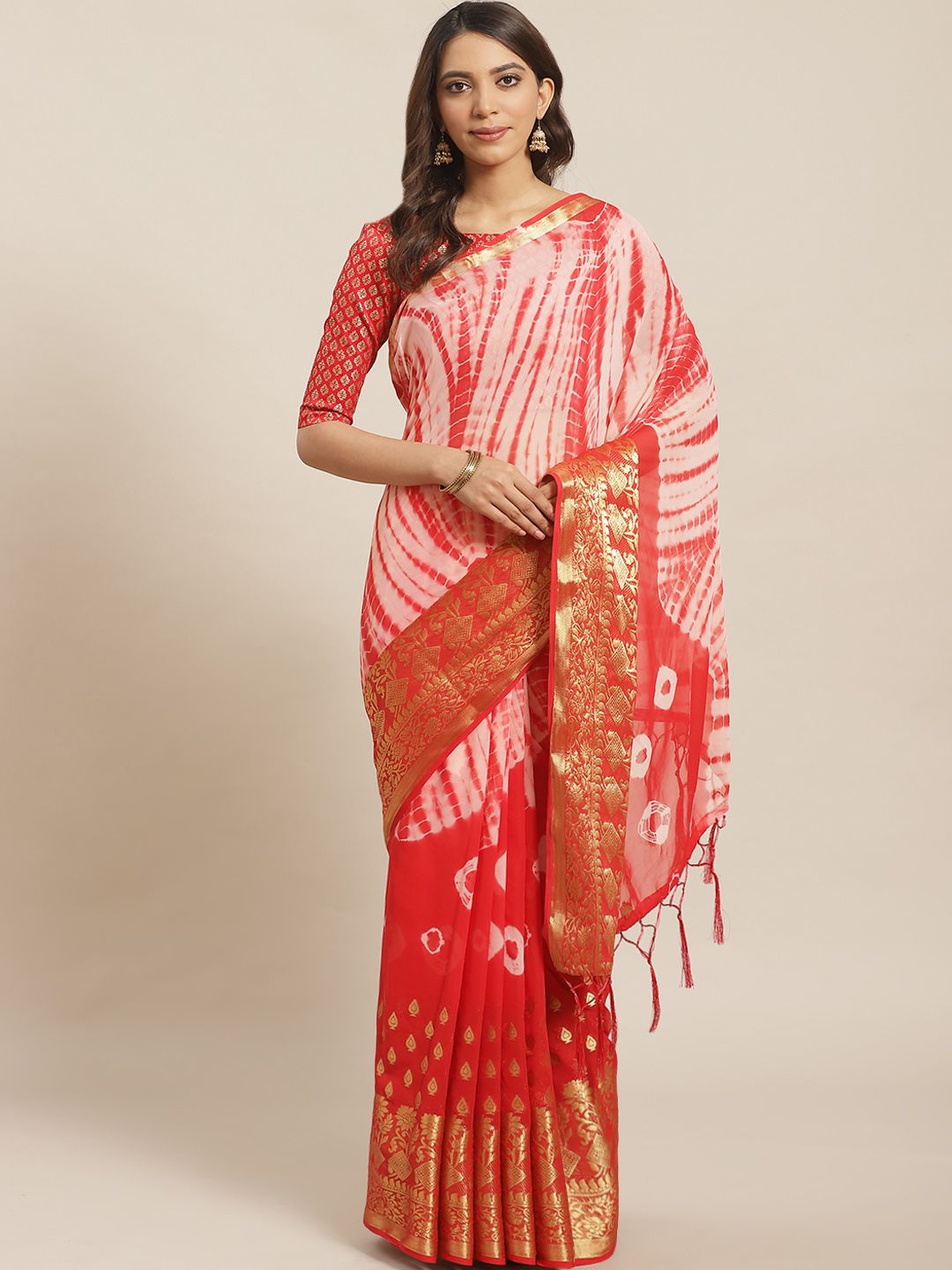Saree mall Red & Peach-Coloured Woven Design Banarasi Saree