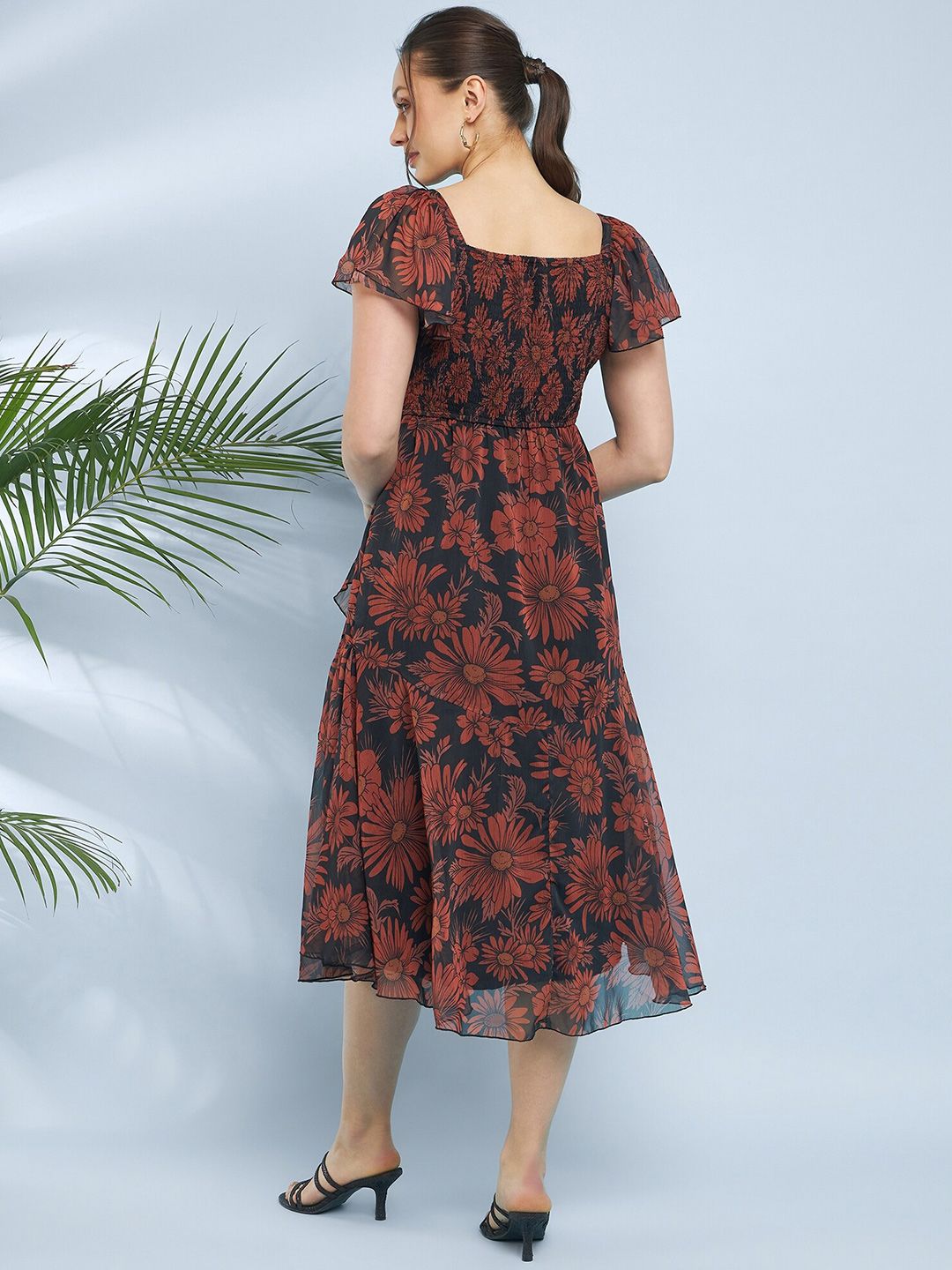 Antheaa Floral Printed Chiffon Fit & Flare Midi Dress