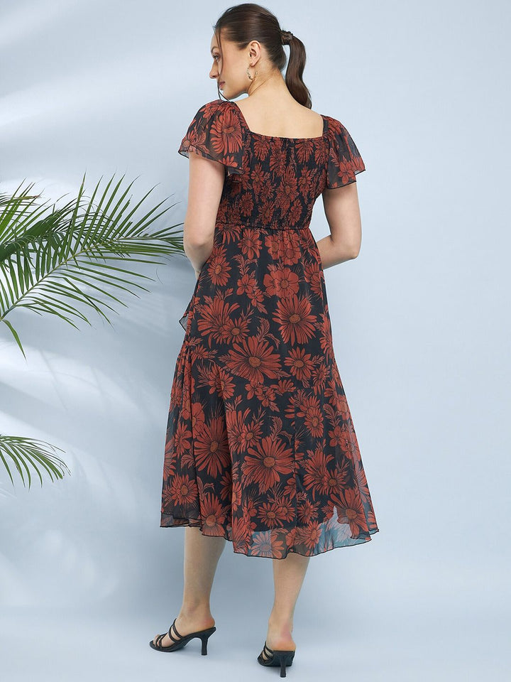 Antheaa Floral Printed Chiffon Fit & Flare Midi Dress