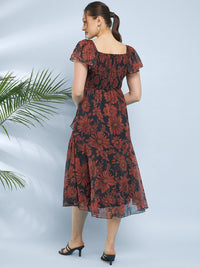 Antheaa Floral Printed Chiffon Fit & Flare Midi Dress