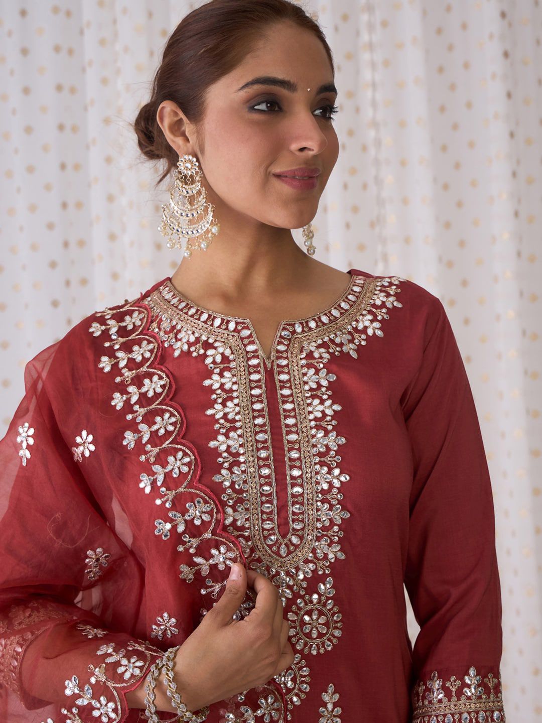 Indo Era Ethnic Motifs Embroidered Notched Neck Straight Kurta with Trousers &  Dupatta