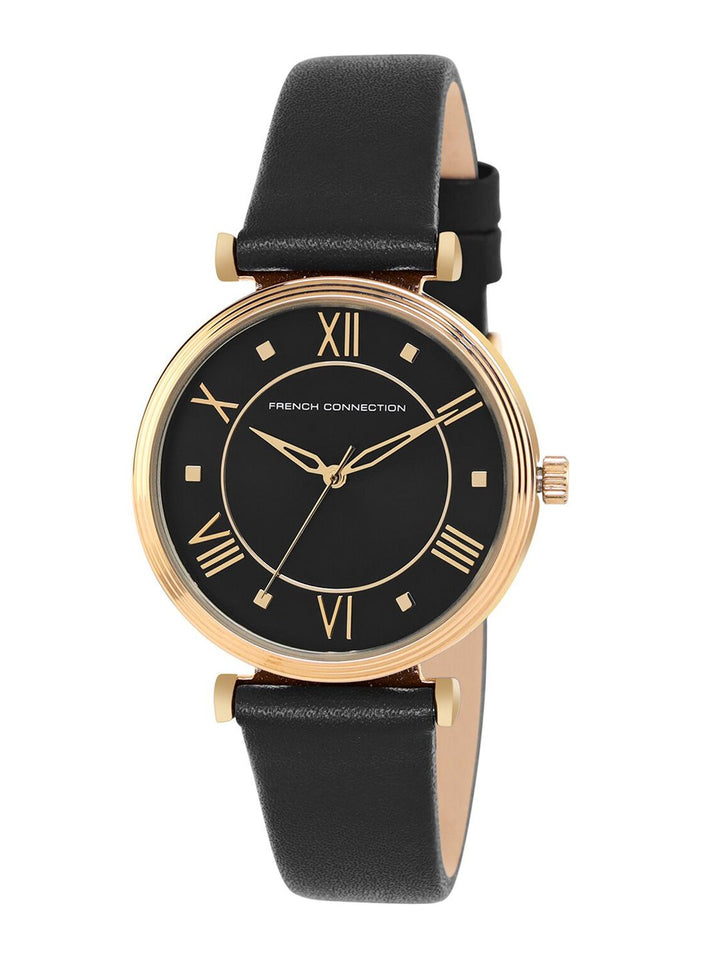 French Connection Women Black Embellished Dial & Black Leather Straps Analogue Watch