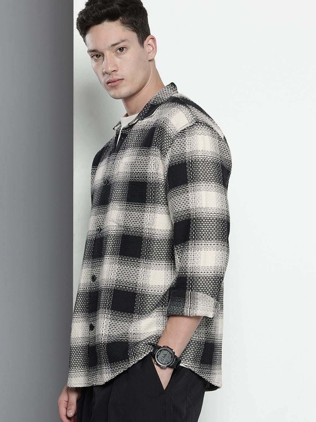 The Indian Garage Co Pure Cotton Textured Opaque Checked Casual Shirt