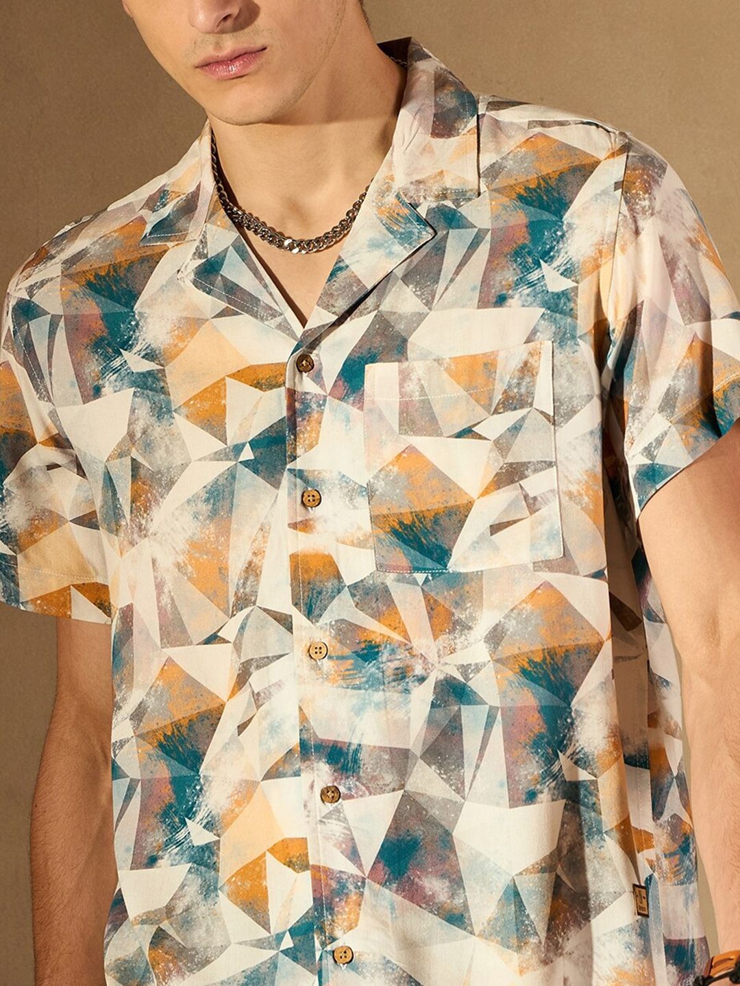 DENNISON Abstract Printed Cuban Collar Smart Oversized Casual Shirt