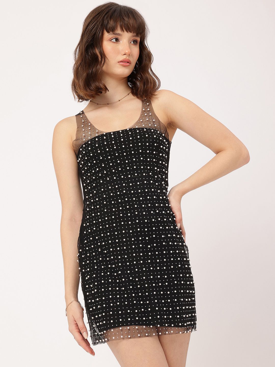 DressBerry Glimmer Generation Beaded Sheer Mini Bodycon Dress