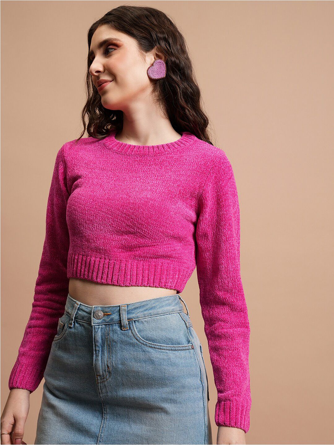 Tokyo Talkies Pink Acrylic Crop Pullover