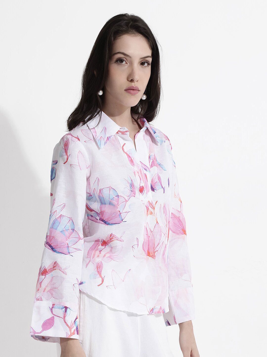 RAREISM Floral Printed Shirt Collar Cotton Top