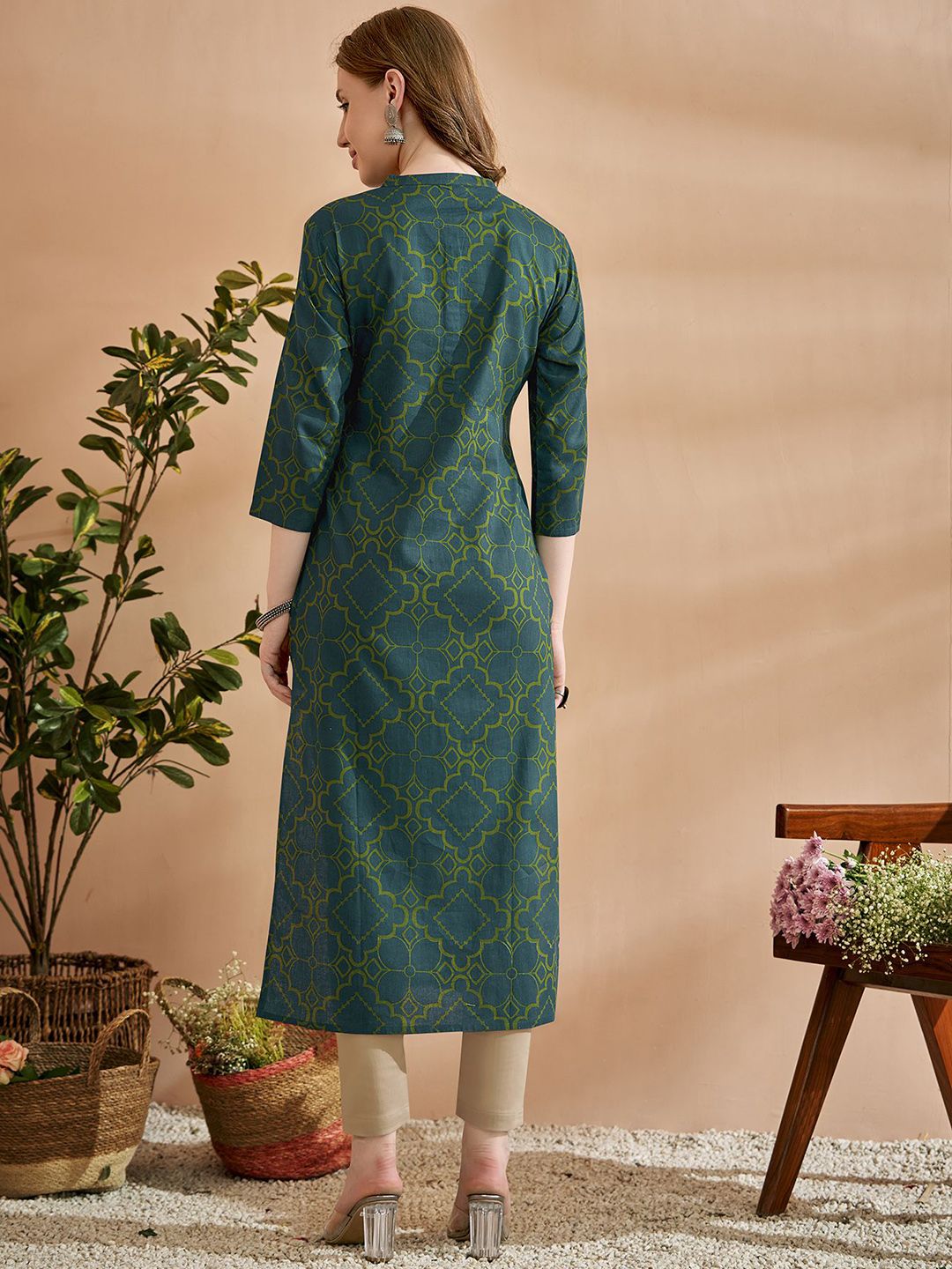 Anouk Green Ethnic Motifs Printed Mandarin Collar Cotton Regular Kurta